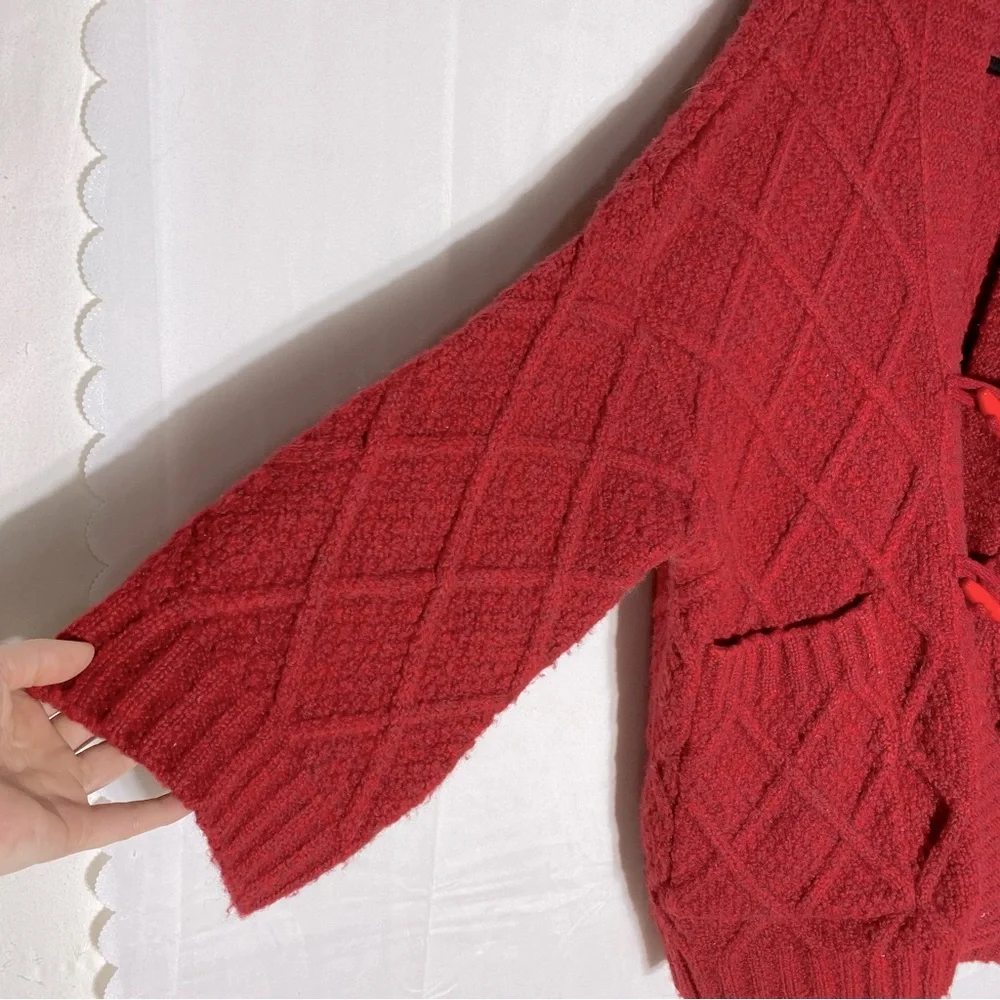 Vintage Oversized Red Chunky Textured Diamond Knit Cardigan Sweater W Toggles XL - Picture 10 of 14